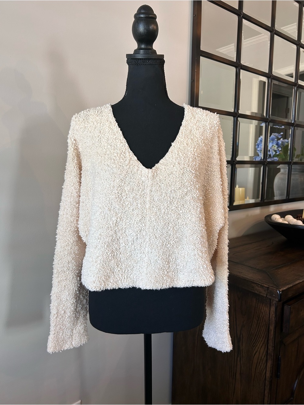Free People Popcorn Pullover V-Neck Sweater in cream/ivory